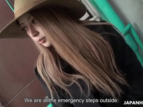 Asian babe with a hat on sucks a fat dick slowly